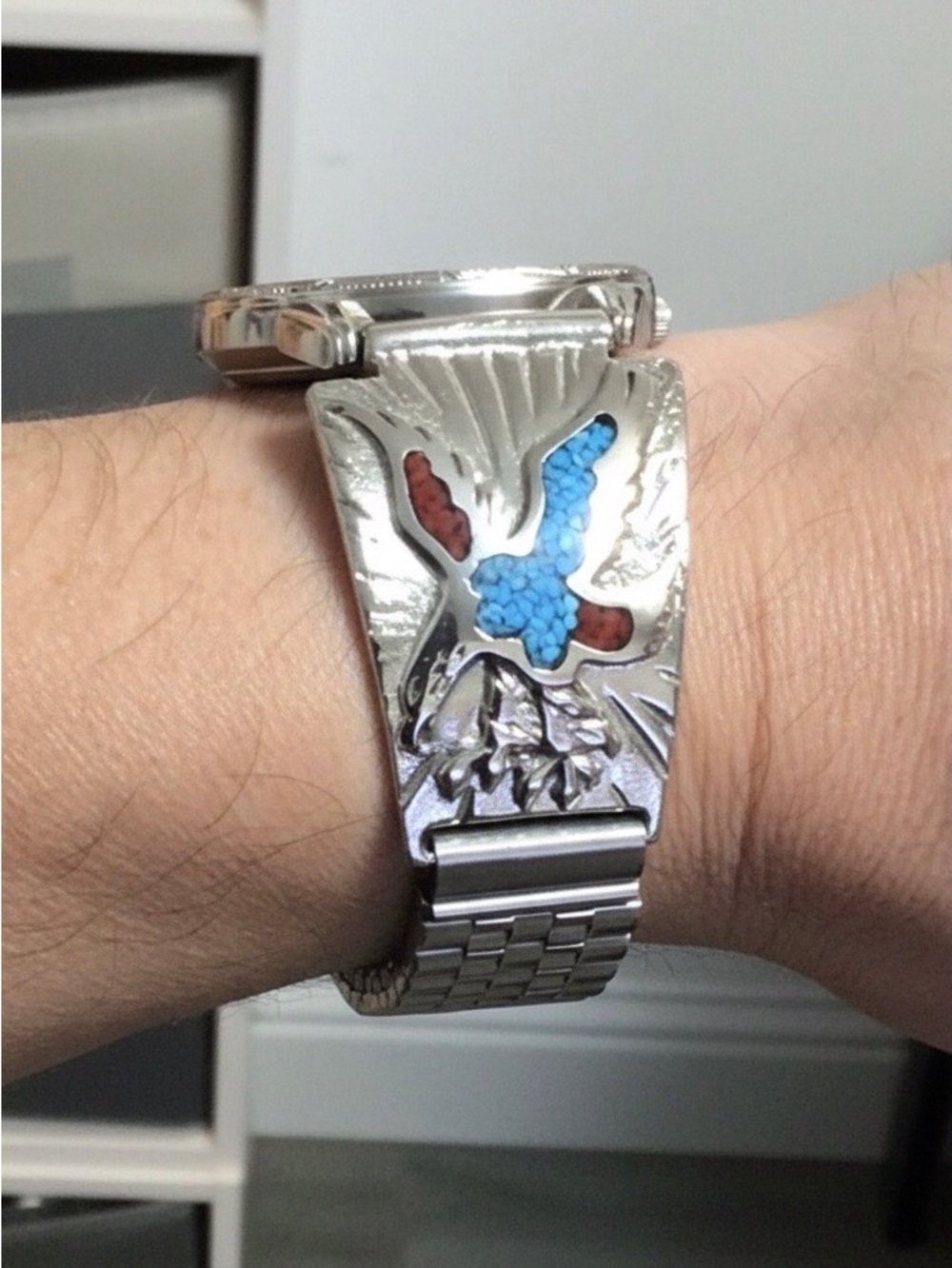 Men’s Silver Navajo Tips with Turquoise/Coral Inlay + 1910 Indian Liberty Watch